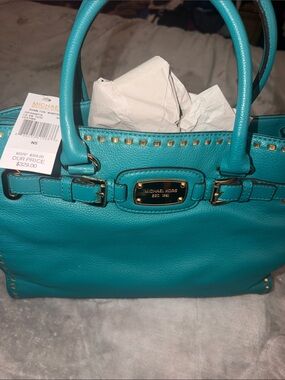 Michael Kors Turquoise Leather Tote with Gold Hardware